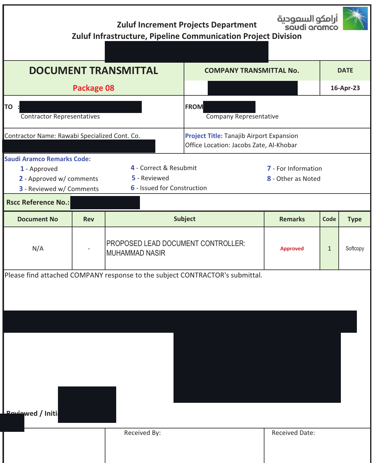 Redacted Saudi Aramco document transmittal approving Muhammad Nasir Qasmi as Lead Document Controller on the Tanajib Airport Expansion project