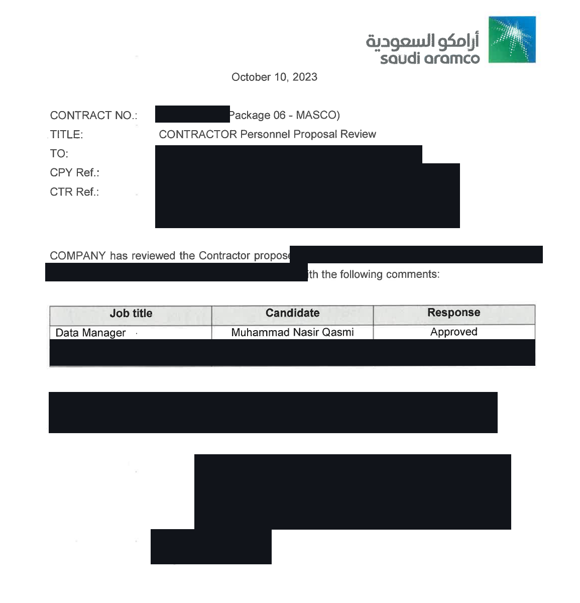 Redacted Saudi Aramco personnel proposal review approving Muhammad Nasir Qasmi as Data Manager on AMIRAL Package 06